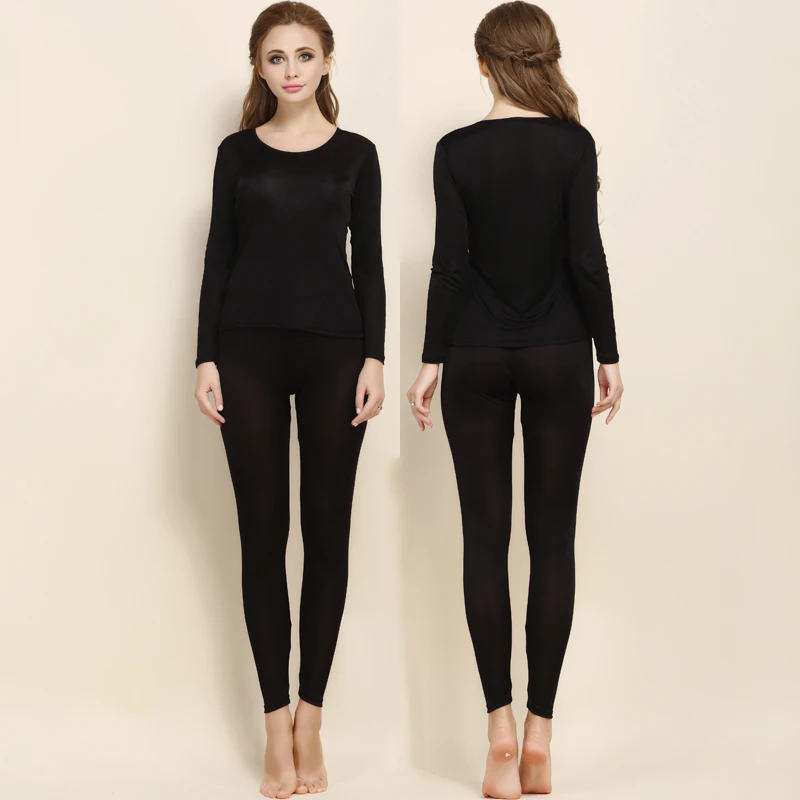 Women's Autumn/Winter Thermal Underwear Set, 25% Mulberry Silk Double-Knit Low Round Neck Base Layer Top & Pants, Solid Color