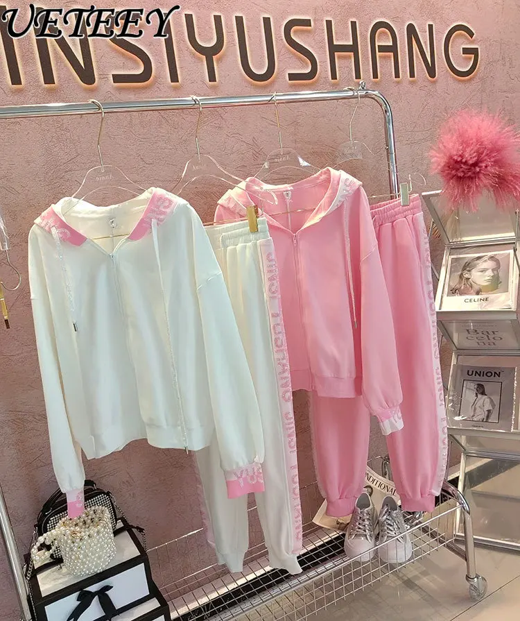 

Heavy Industry Letter Hot Drilling Hooded Sweatshirt Women High Quality Casual Zipper Cardigan Hoodie Jacket Top Autumn Clothes