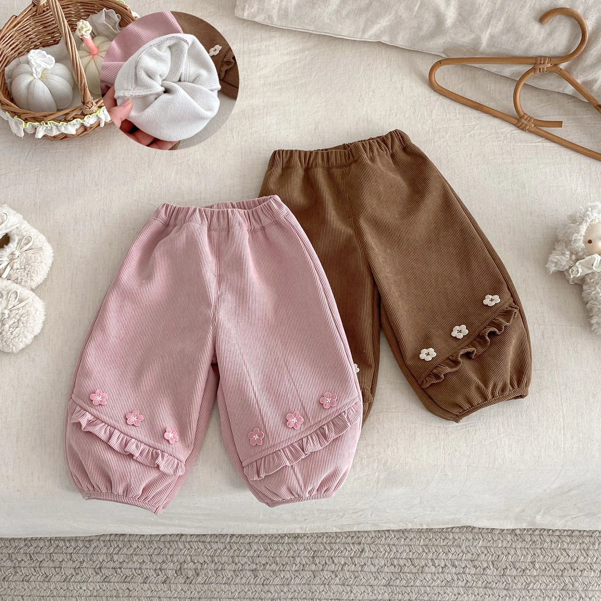 

2025 Winter 0-5Y Kids Girl Clothes Fleece-Lined Long Pants Flower Ruffle Decor Warm Fashion Children's Autumn Clothes Trousers