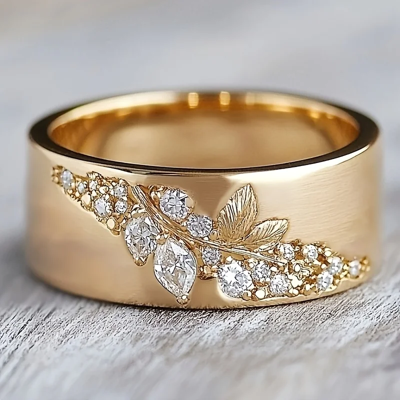 Ästhetischer Eingelegter Weißer CZ Damenring Trendiger Goldfarbener Handgeschnitzter Blätter-Ring Tägliches Tragen Party-Schmuck Jubiläumsgeschenk