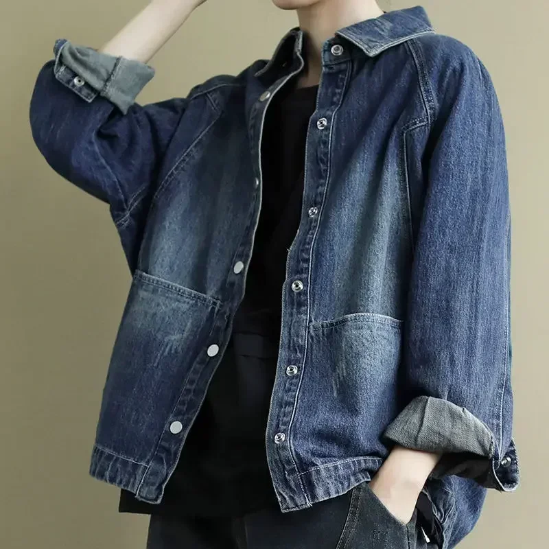 Women\'s Denim Jackets Plain Outerwears Pocket Blue Spring Autumn Female Jeans Coat Luxury Korean Reviews Many Clothes Outer Y2k