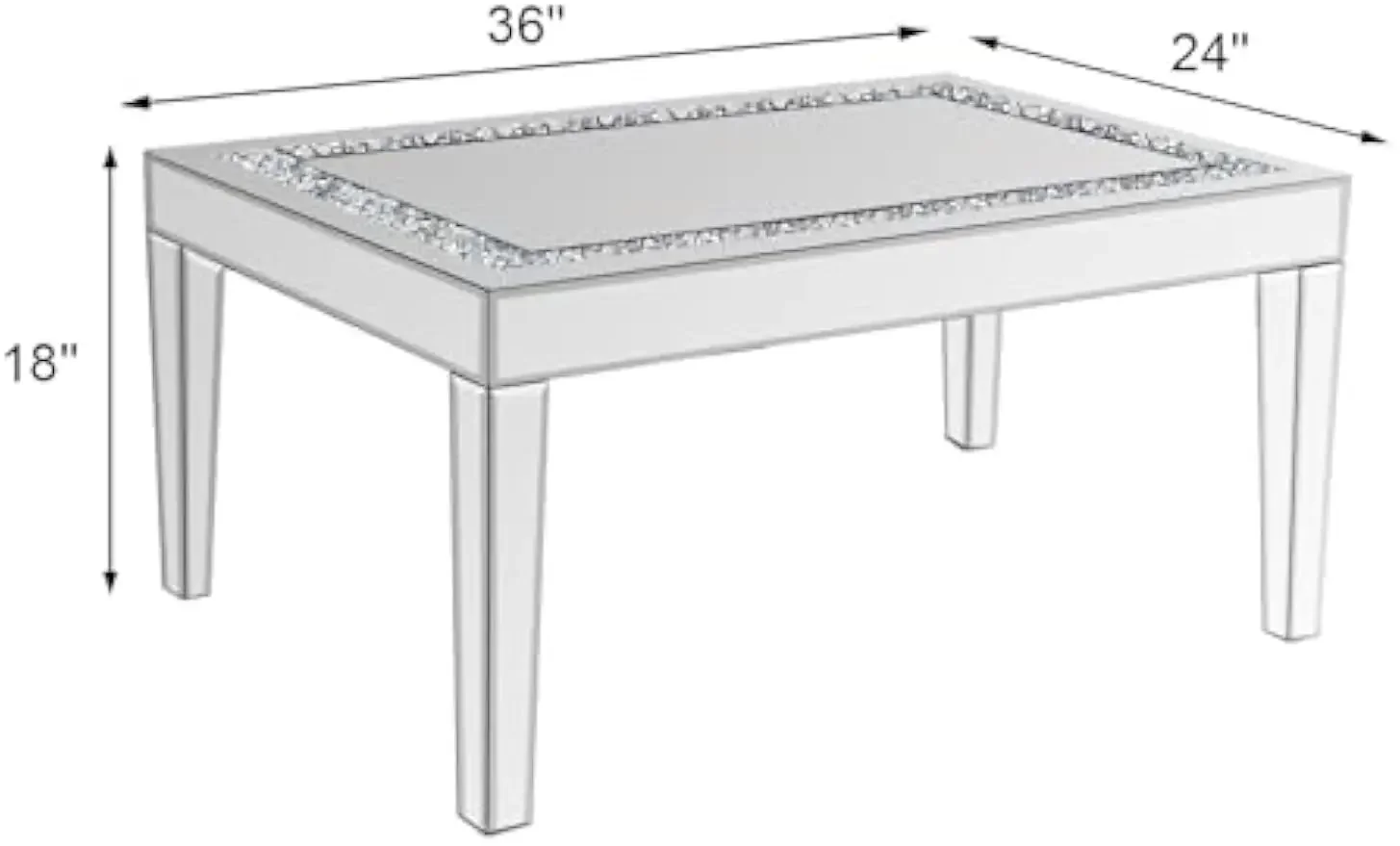 Silver Mirrored Coffee Table with Crystal Inlay, Rectangle Glass Tea Table with Mirrored Finish,  for Living Room and Office