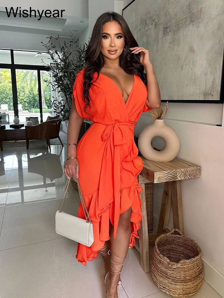 

New Fashion O Neck Short Sleeve Sashes Ruffles Mid Calf Dresses for Woman Elegant Birthday Party Evening Dinner Vestidos 2025