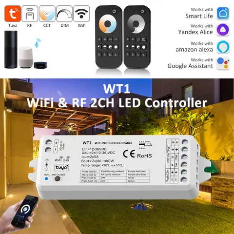 WT1 12V 24V Wifi Tuya Smart CCT Controller 2CH 5A WW CW Strip LED Dimmer Work with Yandex Alice Alexa APP RF Remote Control