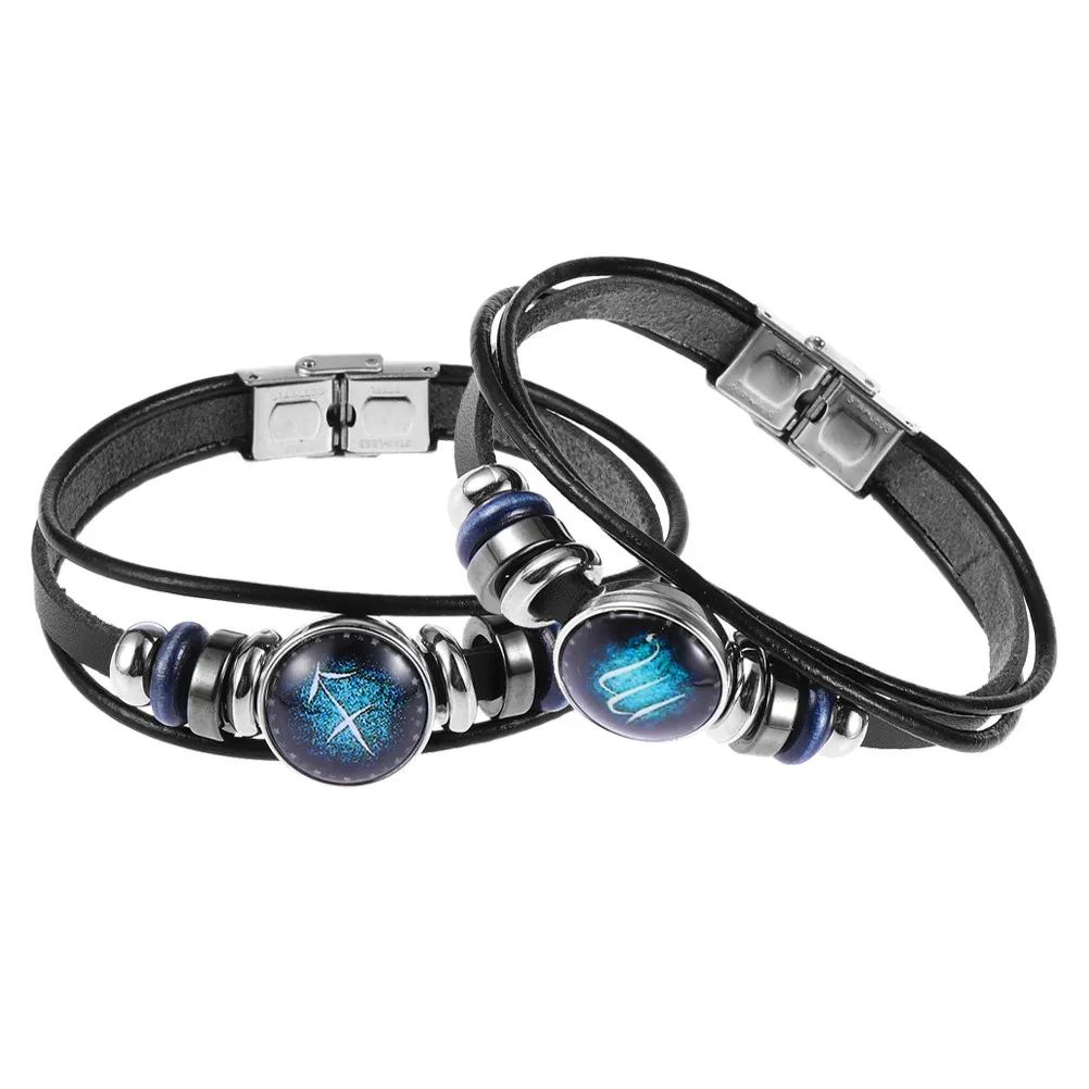 2Pcs Stainless Steel Clasp Bracelet Handcrafted Beaded Zodiac Jewelry Men Women Trendy Astrology Gifts