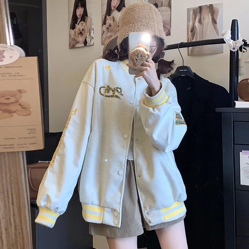

Women's Retro Embroidered Baseball Jacket Autumn College Style Casual Top Female Fashion Long Sleeved Warm Thin Coat