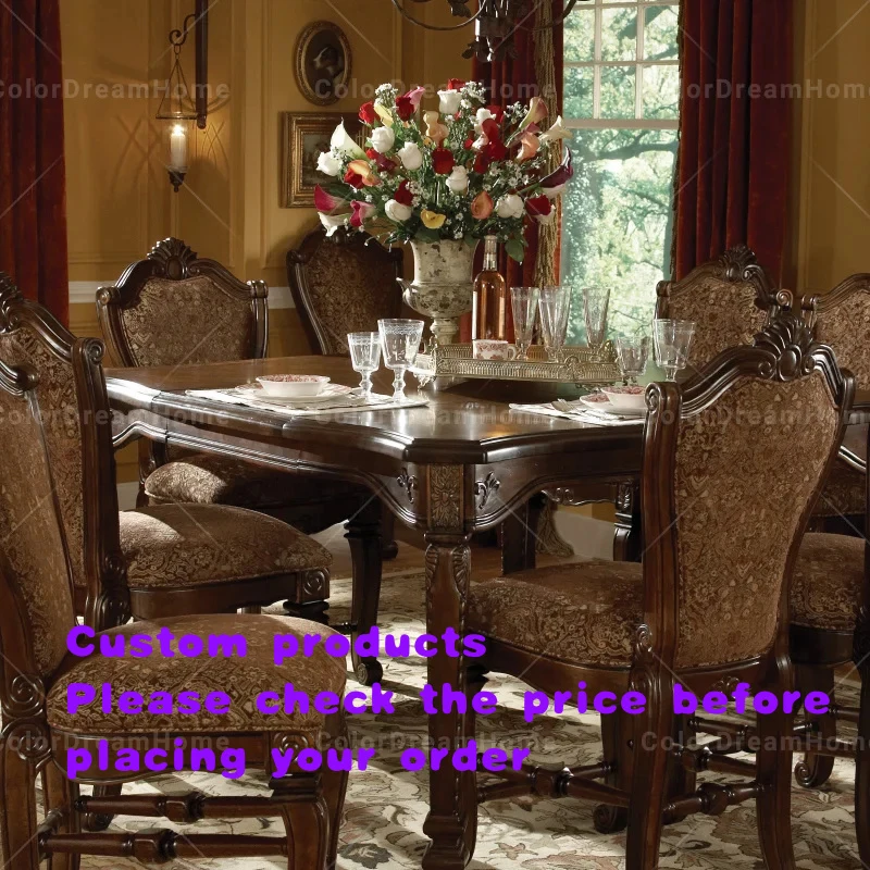 custom.American Dining Room Furniture Wooden Structure Hand Carved Antique Solid Wood Square Dining Table Set 8 Seats
