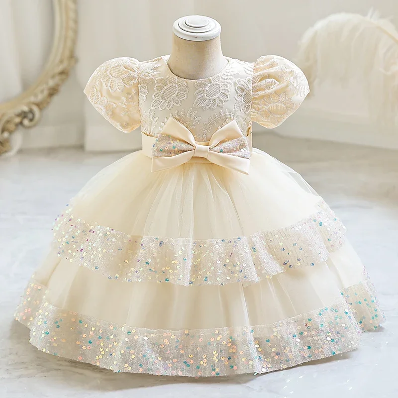 Robe de princesse à sequins pour enfants, robe à fleurs, nœud, style courtois, manches courtes bouffantes, pompadour, spectacle pour enfants, petit enfant, # M7606