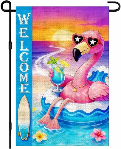 Summer Welcome Flamingo Garden Flag Double Sided Burlap Tropical, 12x18 Inch XXQ