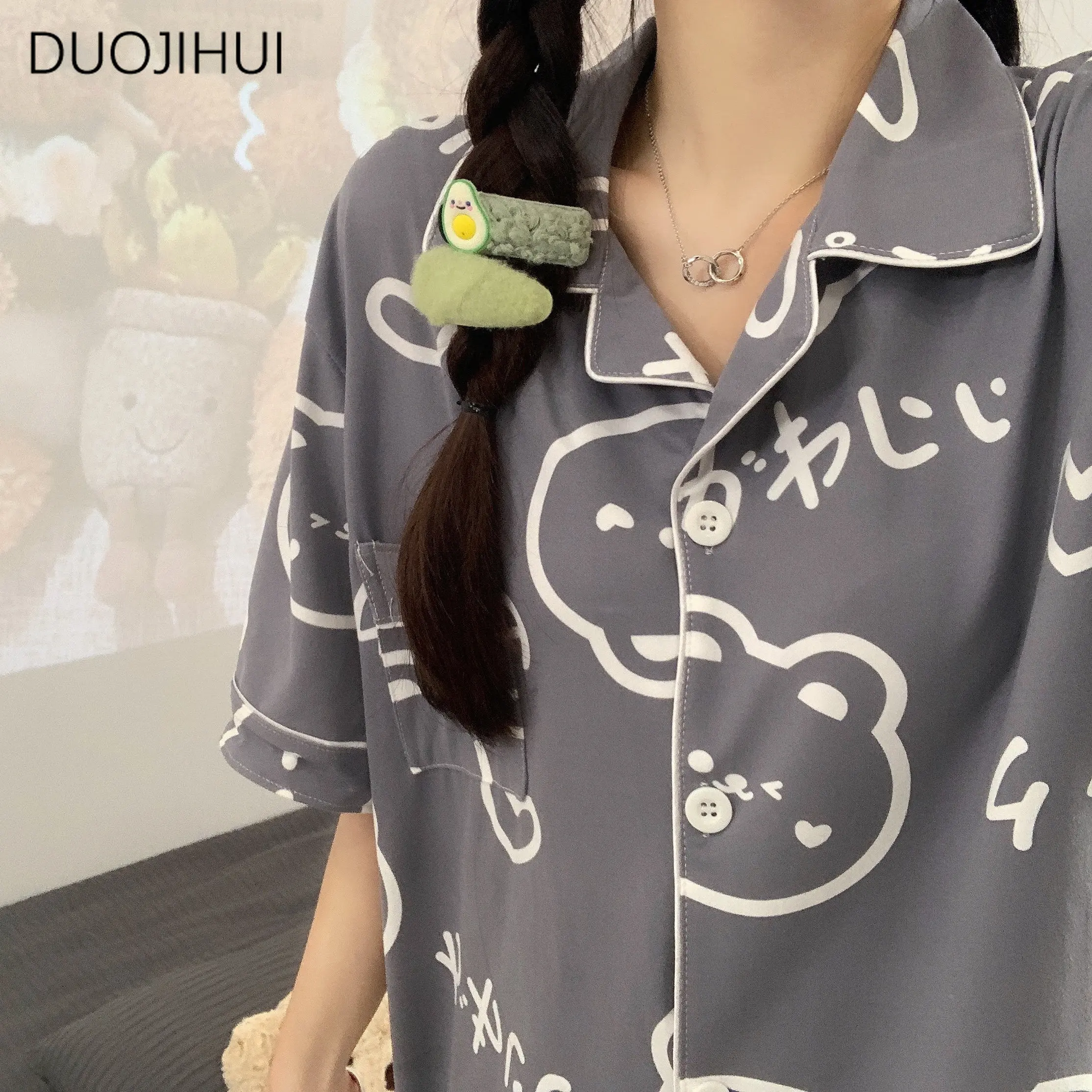 DUOJIHUI Spring Chic Print Two Piece Casual Home Pajamas for Women Ins New Basic Button Cardigan Simple Pant Female Pajamas Sets
