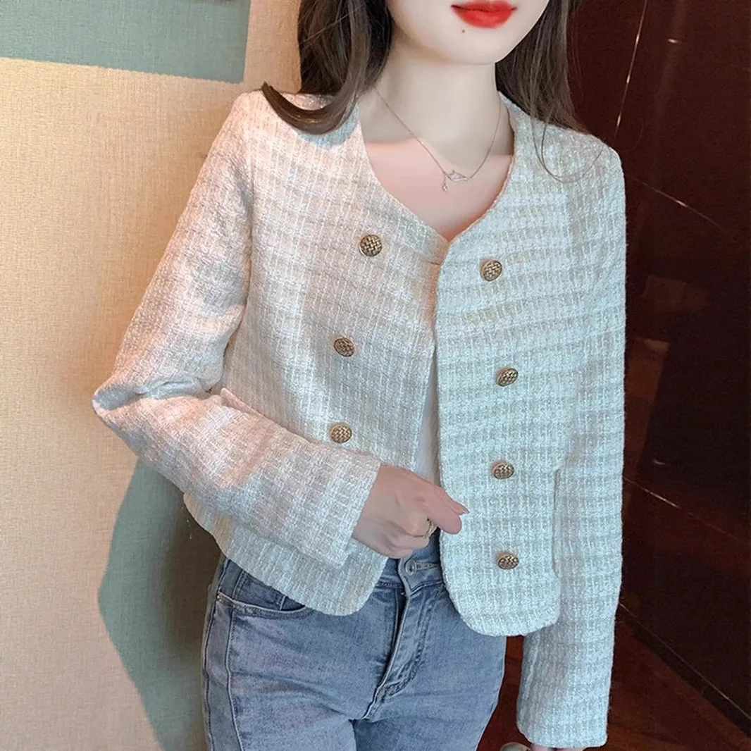 Women's beige tweed short jacket 2026 new spring and autumn small fragrance style top