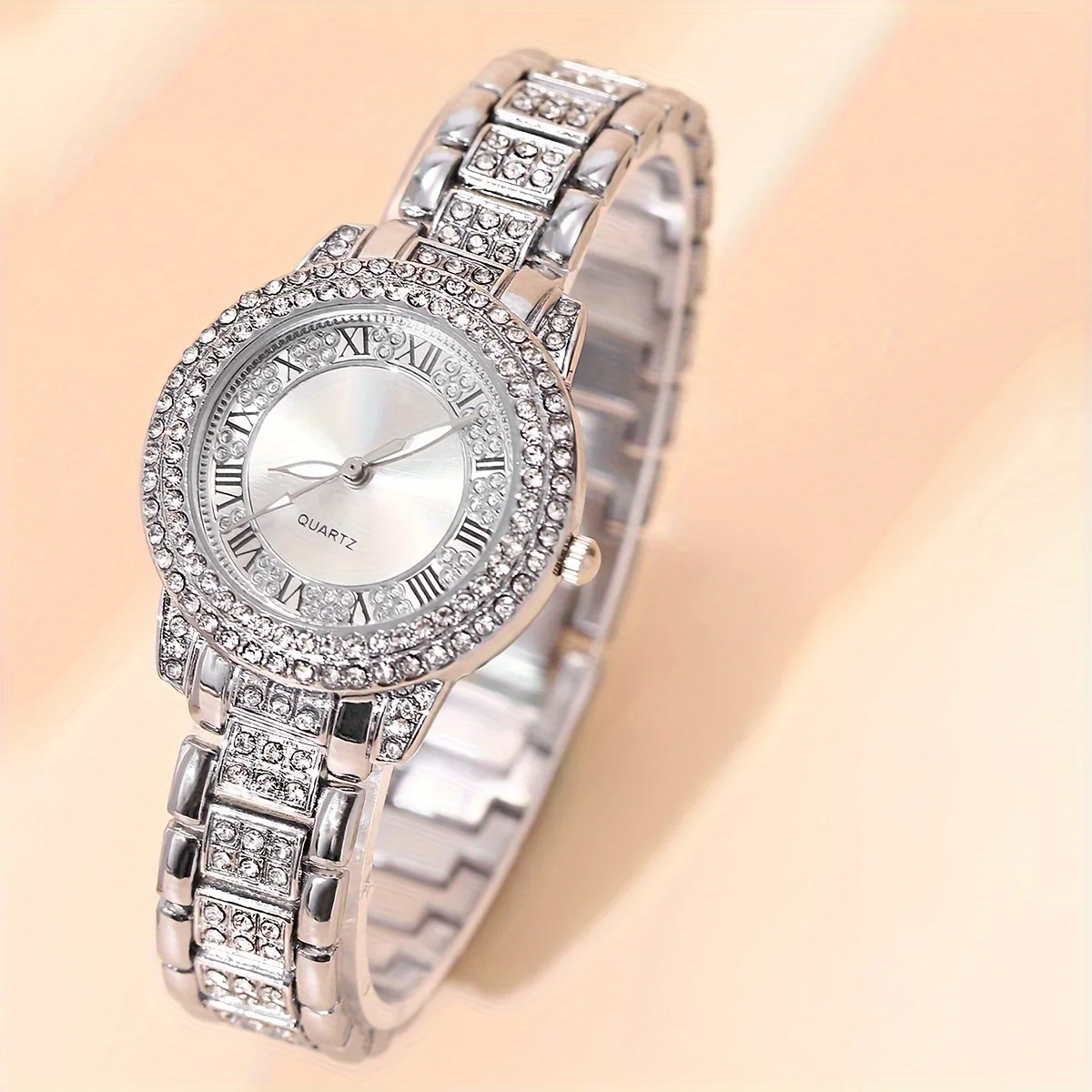 Women Watches Golden Tone Alloy Quartz Watch Stylish Rhinestone Bling Dress Watch Wristwatches, For Xmas