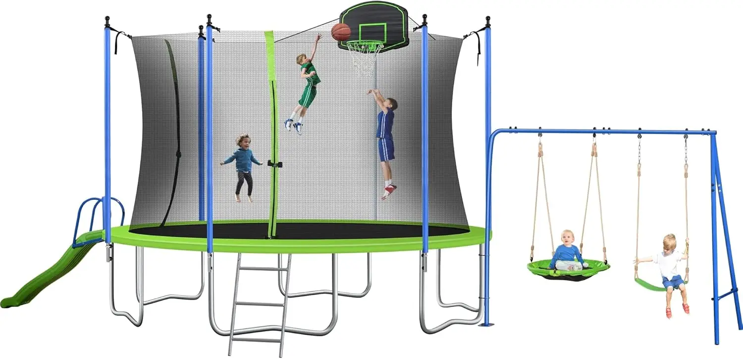 

Trampolines with Basketball Hoop,with Slide and Swings,Outdoor Trampoline with Safety