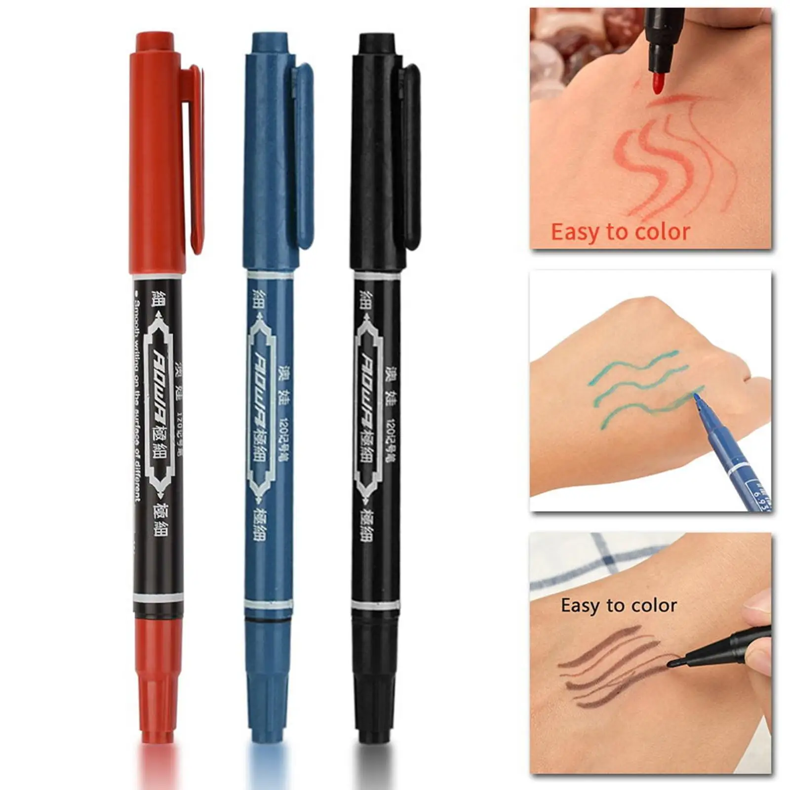 3pcs Professional Skin Marking Pen-Double Ended Fine/Thick Tip Marker