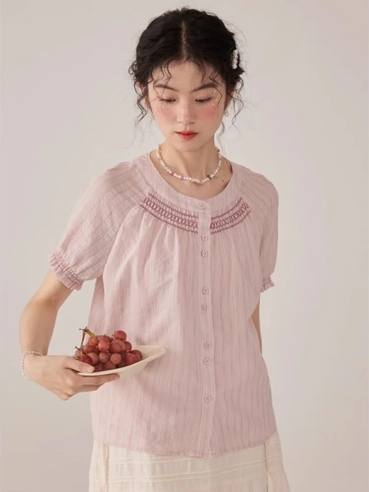 2024 New Fresh Striped Pink  Shirt for Women's Summer French Retro Loose Short Sleeve Top