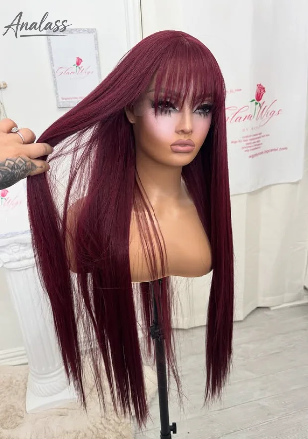 99J Burgundy Red Bone Straight Lace Front Wig With Bangs 13x4 HD Pre Plucked Glueless Synthetic