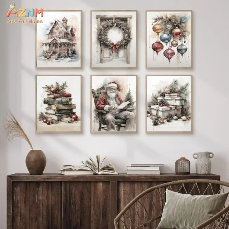 1PC Vintage Santa Claus Reading Book Wall Decor Poster Christmas Wreath Gift Canvas Painting New Year Living Room Art Decor