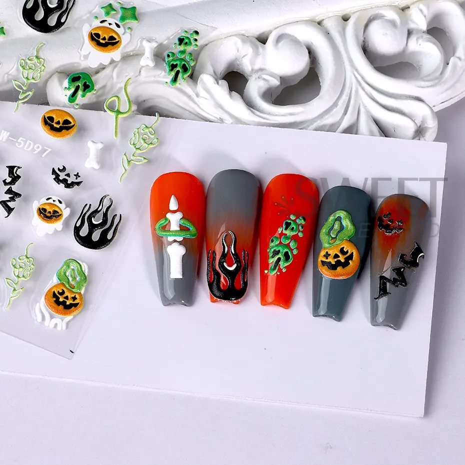 5D acrilico Nail Sticker Halloween Ghost Skull Blood Drips Lip Design Decal Spider Witch Pumpkin Nail Art decorazione Manicure fai da te