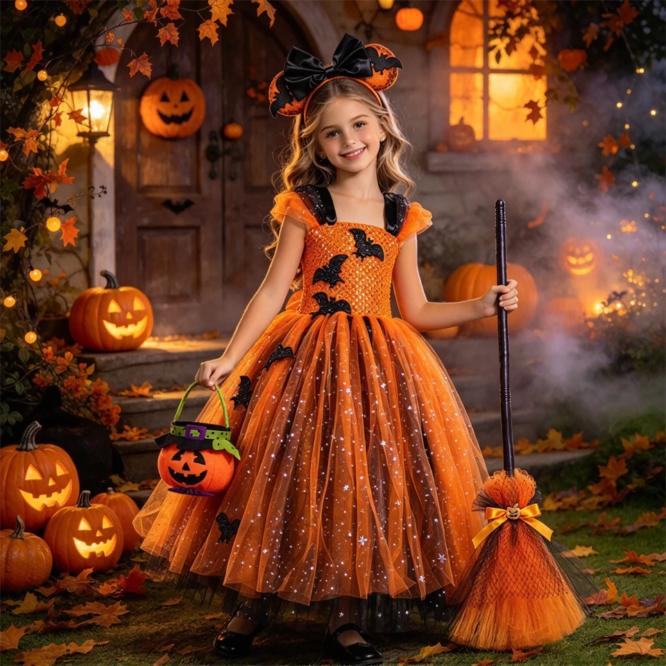 Girls Halloween Witch Costume Orange Sparkly Tulle Tutu Dress Carnival Themed Party Performance Masquerade Children's Costume