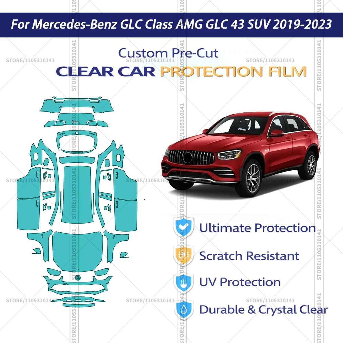 

Защитная пленка PPF для Mercedes-Benz GLC-Class AMG GLC 43 SUV 2019-2023, прозрачная, предварительно вырезанная, автомобильная пленка PPF