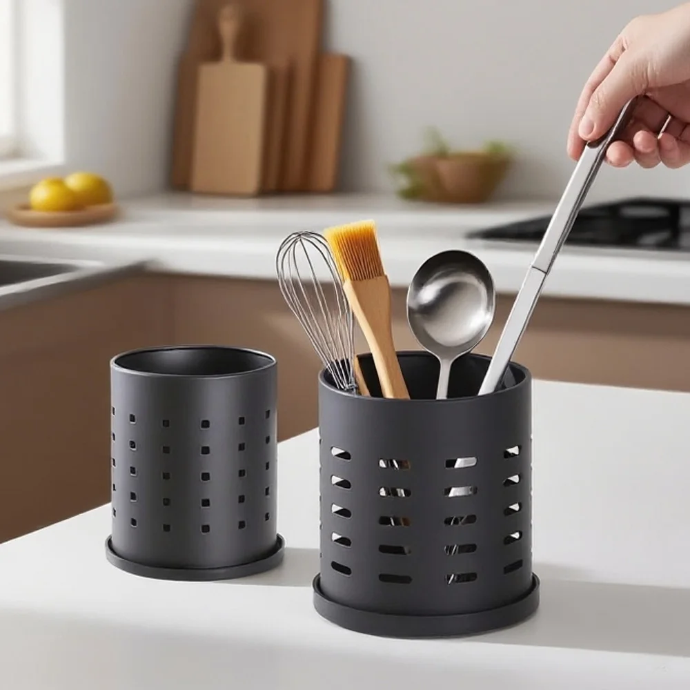 Black Stainless Steel Cutlery Holder - Large - Size Kitchen Storage Container for Knives, Forks & Chopsticks, Easy to Clean