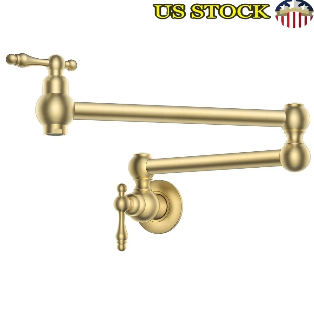 Gold Wall Mount Pot Filler Faucet Double Joint Swing Arm Kitchen Sink Brass Valve 23 Inch Reach 1.8 GPM Water Saving Easy