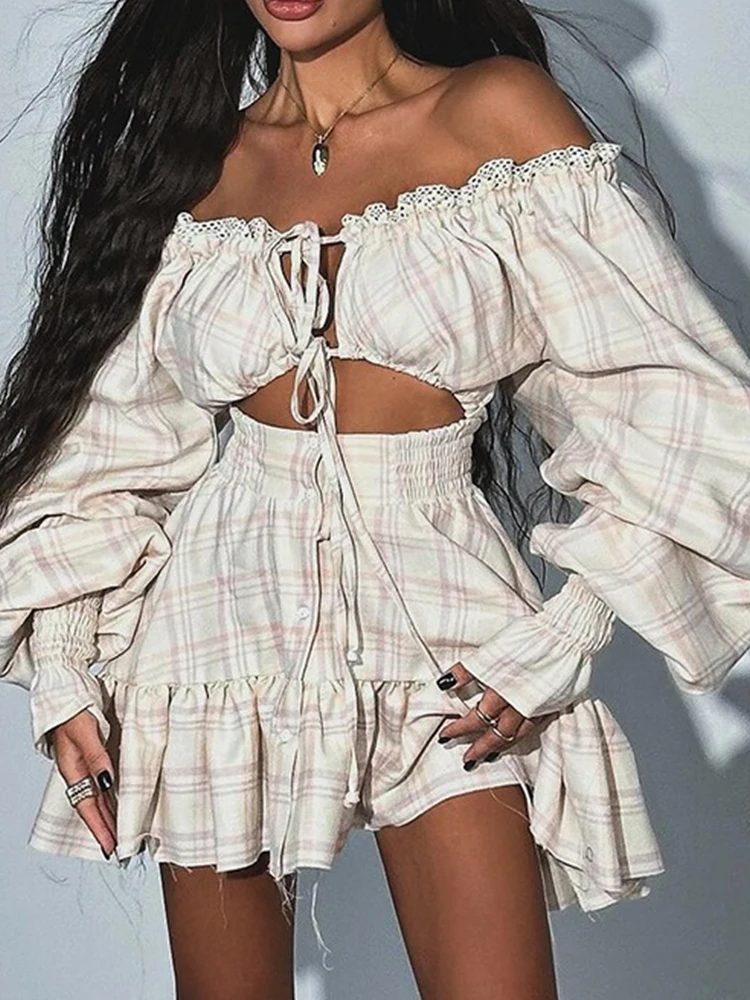 2025 mode courte Sexy femmes robes dentelle hors de l'épaule robe d'été avec lanterne manches Sexy découpé robe taille élastique