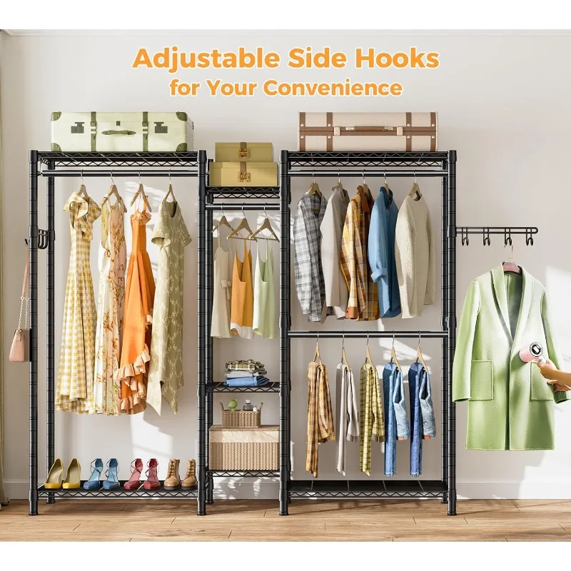 Heavy Duty Closet Garment Rack 7 Tiers Adjustable Metal Freestanding Clothing Storage Closet with 4 Hanger Rods and 2 side hooks