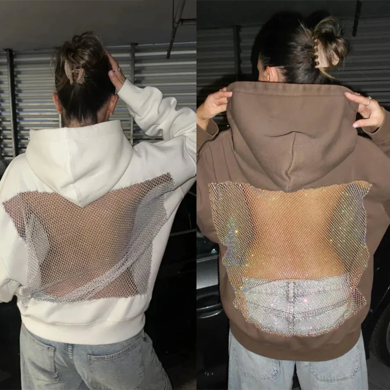 

Новые модные женские сексуальные прозрачные марлевые сетчатые толстовки с открытой спиной, уличные толстовки, дышащая осенняя свободная толстовка, пуловер