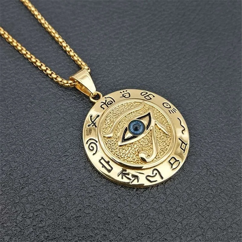 Eye of Horus Muslim Rune Pattern Round Pendant Necklace Men\'s Necklace Sliding Pendant Metal Necklace Amulet Accessory Jewelry