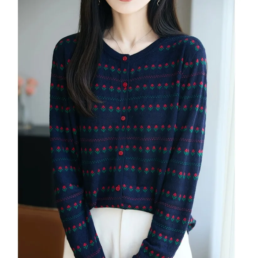 

Luxury Wool Knitted Sweater Women's Open Cardigan Outerwear Embroidered Knitwear Jaet Soft Long Sve round Ne Warmth