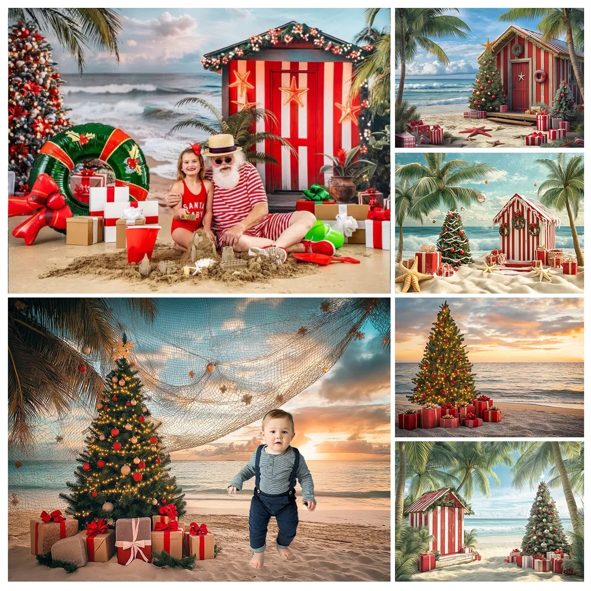 

Christmas Tree With Garland And Presents On Summer Beach Backdrops Kids Adult Photography Child Baby Photocall Decors Background