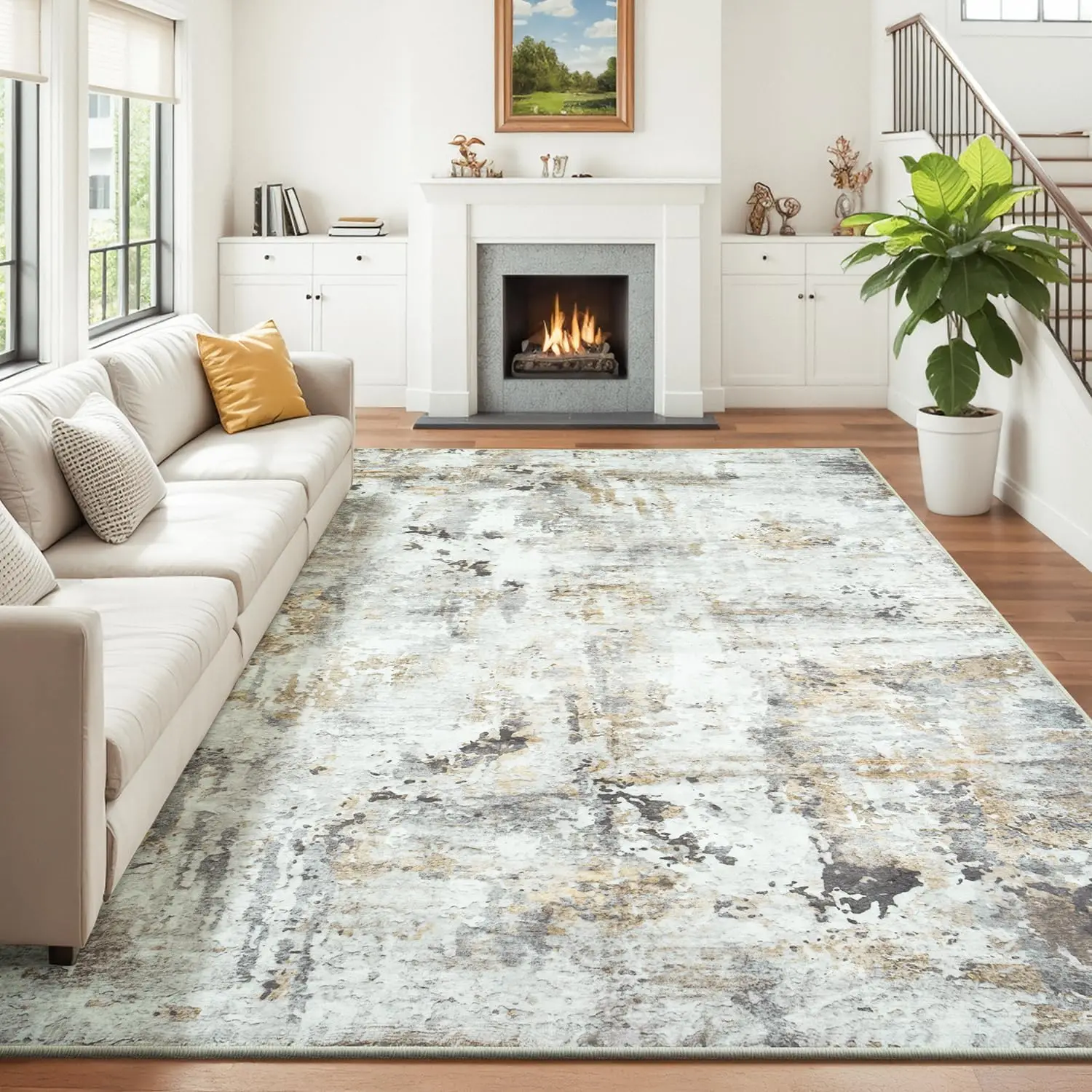 

Abstract Neutral Washable Rug for Living Room, Soft Non-Slip Carpet for Bedroom Dining Decor