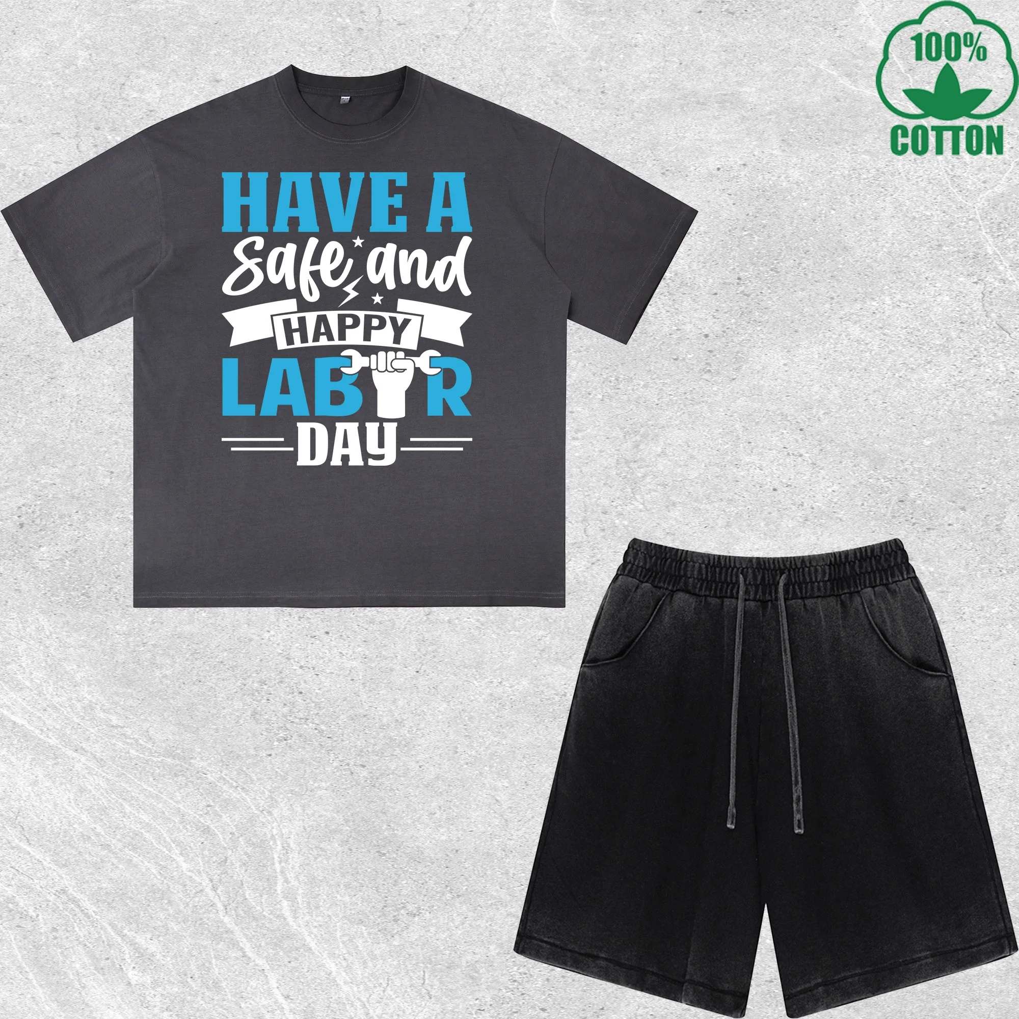 

Have a Labor Day Printed Dirty Wash 100%Cotton T-Shirt Shorts Set Multicolor Combo Loose Trendy Fashionable