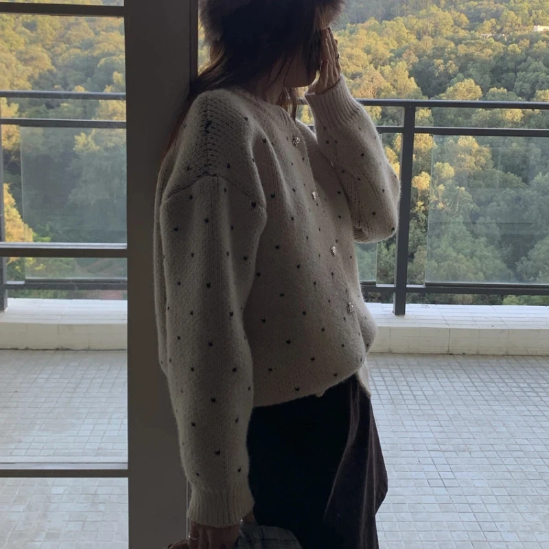 Französisch Stil Vintage Hearted-dot Verdicken Pullover Strickjacke Winter für Frauen Einreiher Weiche Gestrickte Outer Weibliche