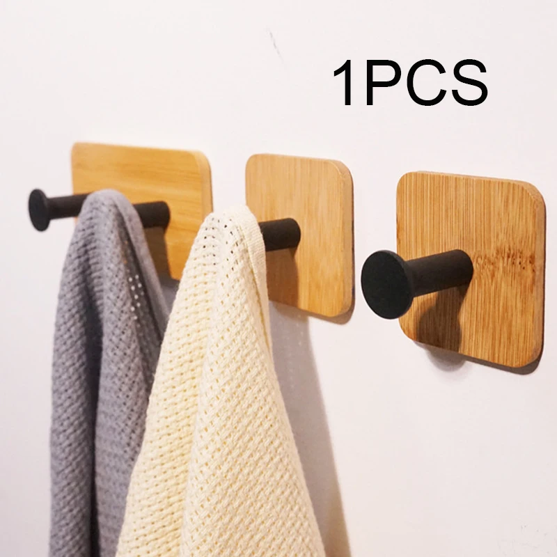 

1Pcs Bamboo Wood Hook Wall Clothes Hanger Door Keychain Holder Sticky Hook Kitchen Gadgets for Home Bathroom Accessories Cozinha