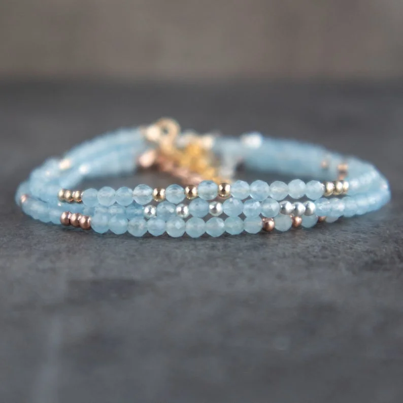 Aquamarine Bracelet, Stacking Bracelets for Women in Sterling Silver & Rose Gold, March Birthstone Bracelet,Birthday