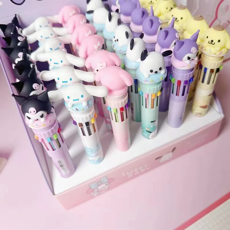 New Sanrio 10 Color Ballpoint Pen Cinnamoroll Kuromi Kawaii Stationery Pen Novel Cute Student Writing Gel Pen Office Supplies