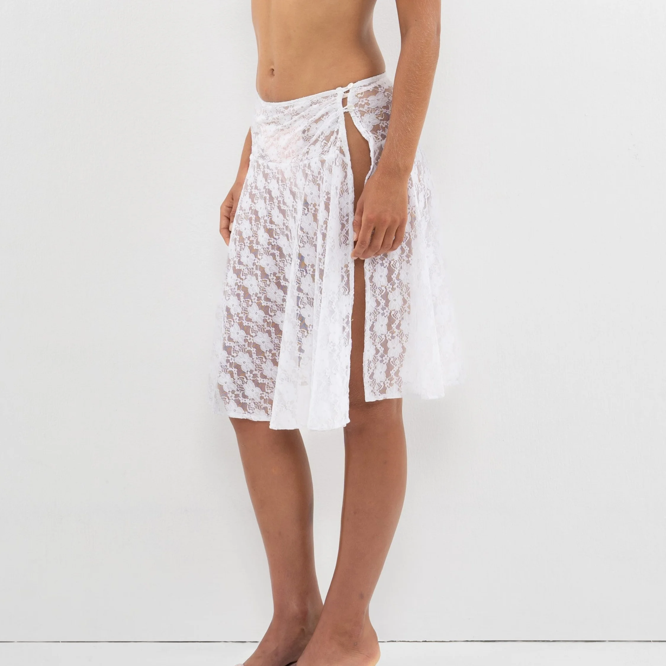 Womens Low Rise Lace Floral Sheer Skirts See Through Mesh Midi Skirt Boho Bikini Cover-ups Side Slit Beach Skirts