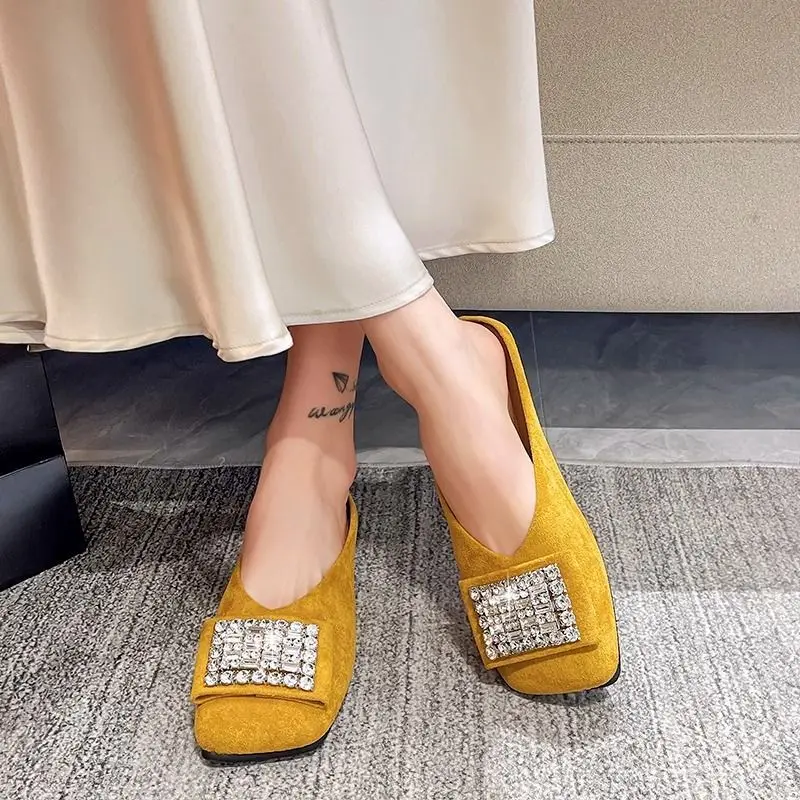 Rhinestone Square Toe Flat Women's Slippers and Ladies Sandals New Fashion Slides On Sale Chic Elegant Low Price Shoes Promotion