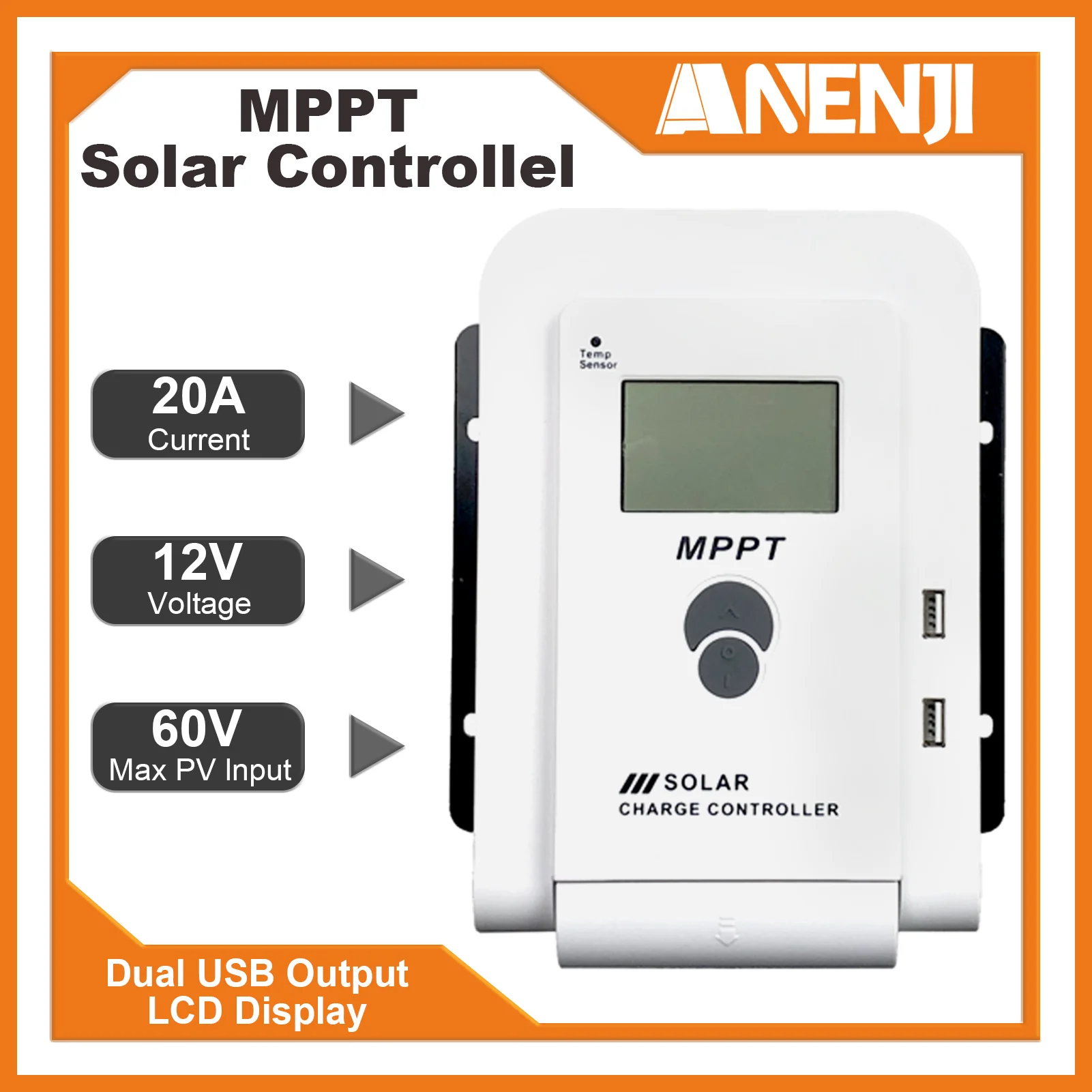 MPPT Solar Charger Controller 20A 12V 24V Auto Battery Solar Panel Support Lifepo4 Gel Battery Dual USB Output Max PV 60V