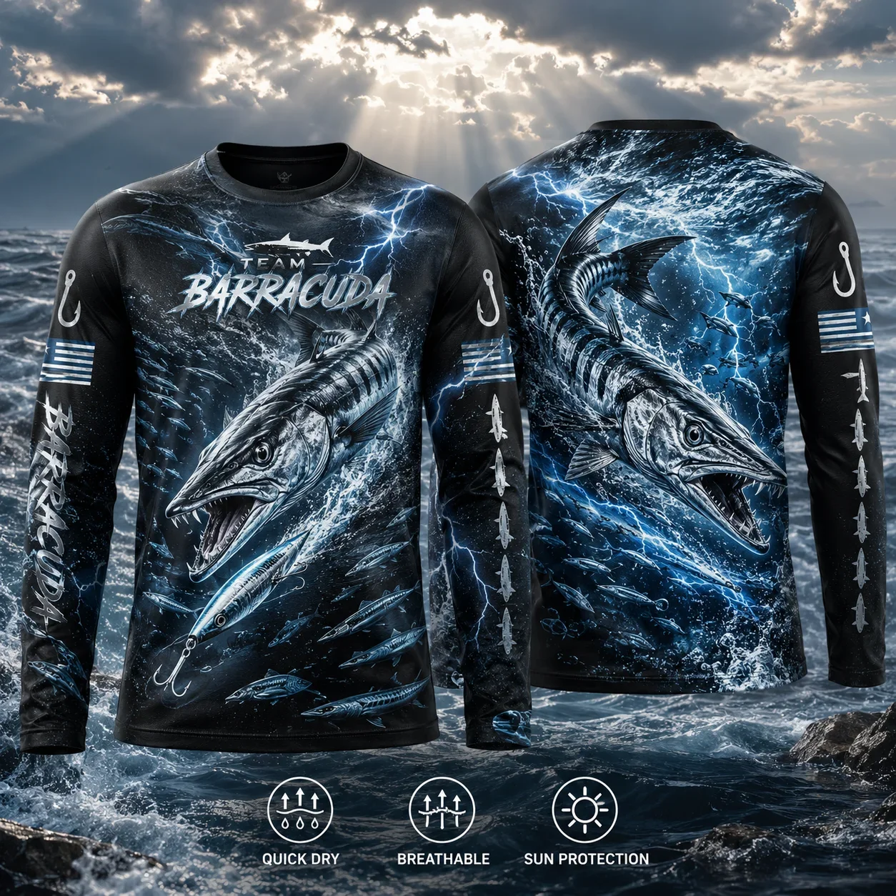 Unisex Long Sleeve Fishing Shirt, Barracuda Fish All Over Print Top, Quick Dry Sun Protection Outdoor Angling Tee for Men Women