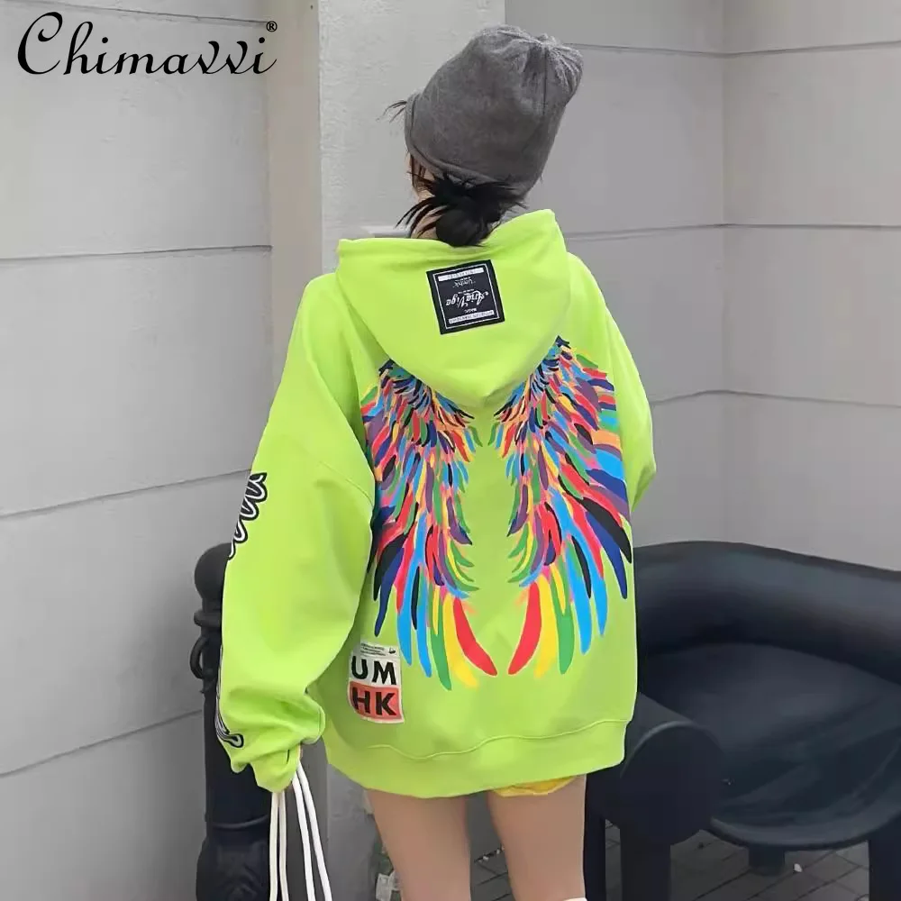 Large Size Fashion Wings Graffiti Hooded Sweatshirt Women's Mid-length Loose Pullover Top 2024 Autumn New High Street Hoodies