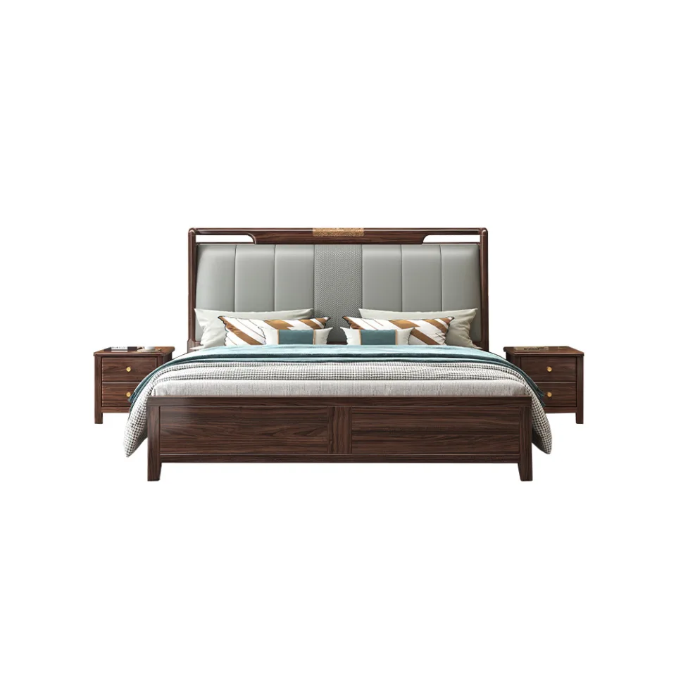 

New Chinese style, ebony wood, solid wood bed 1.8M master bedroom double, soft bag