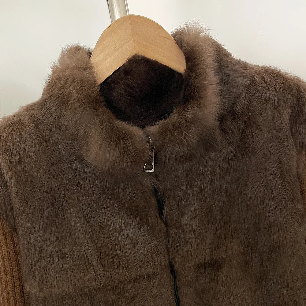OFTBUY Strickärmel Patchwork Stehkragen Reißverschluss Pelzjacke Damen Echter Rex-Kaninchenfellmantel Kurz Neuer Winter Warmer Mantel Damen – Detail 7