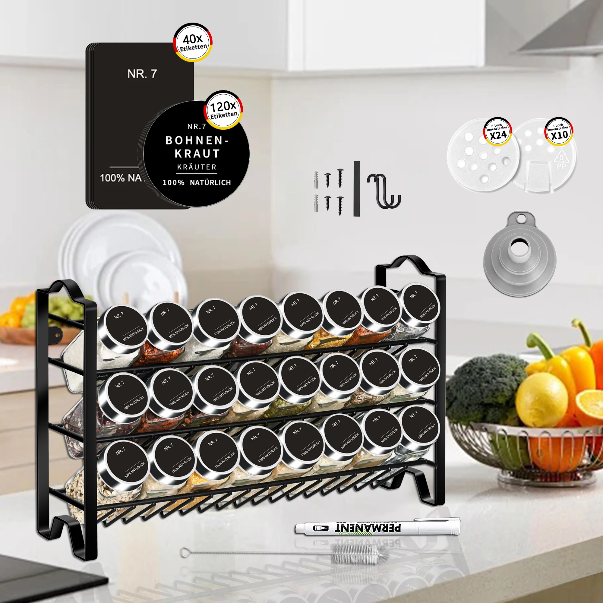 SIAZIH Gewürzregal, freistehend, 3-lagiges Wandregal aus Karbonstahl mit 24 x 120 ml Gewürzgläsern für Küchenschrank-Organizer – Detail 5
