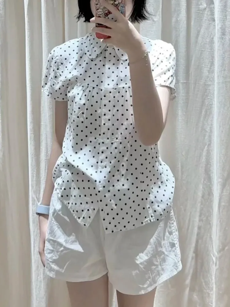 

Sweet Polka Dot Peter pan Collar Doll Blouse Women Summer Casual Button Short Sleeve Tees Preppy Style Cute T-shirts Y2K Tops