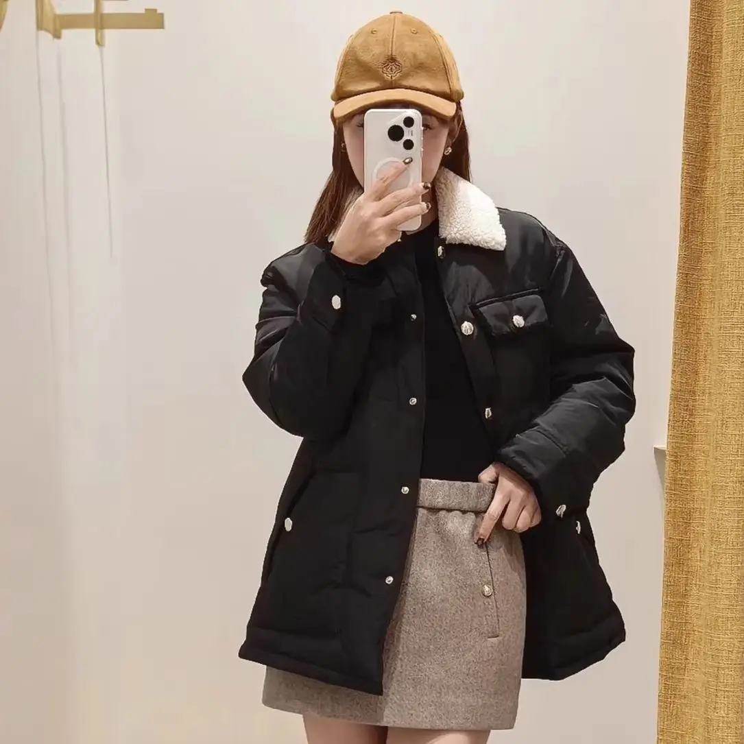 

Fall/Winter Women Contrast Turn-down Collar Long Sleeve Single Breasted Solid Puffer Jacket Pocket Loose Warm Casual Coat ﻿