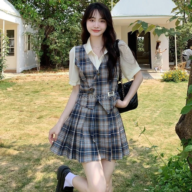 2024 youth vitality college style jk uniform chinese sweet girl daily campus temperament garment set slim plaid school uniform