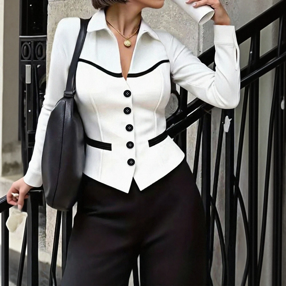 

Женская лоскутная рубашка с длинным рукавом, осенний приличный воротник на пуговицах, повседневный базовый модный топ для женщин